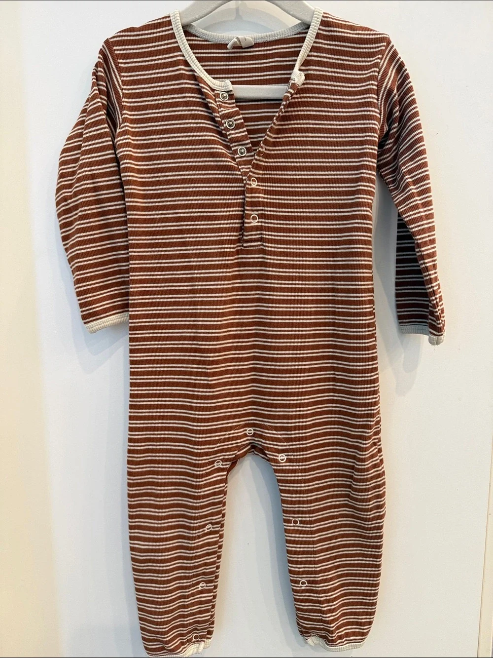 Quincy Mae Brown and White Striped Cotton One-Piece Romper